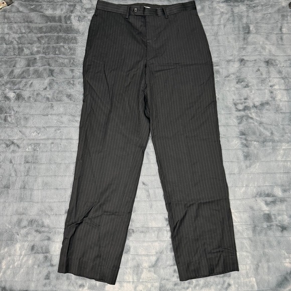 Pronto Uomo Other - Pronto Uomo Mens Black Pinstripe 100% Wool Dress Pants Size 32 Waist Flat Front